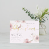 ライラック |さくらんぼ金ゴールドフローラ赤ちゃんシャワー 箔招待状ポストカード (立ち正面)