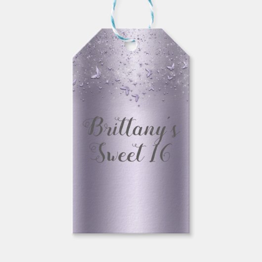 ライラック シャイマー フラッター バタフライ スウィート16 パーティ ギフトタグ (正面)