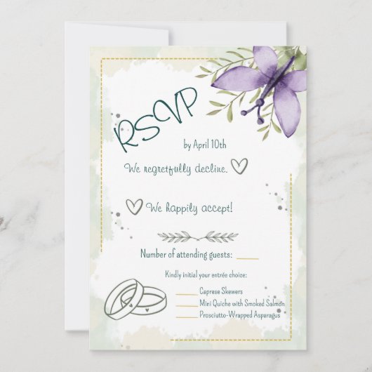 ライラック バタフライ ウォーターカラー RSVP カード (正面)