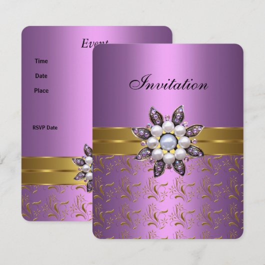 ライラック パープル ゴールド 招待 ジュエル フローラル エレガント クラス 招待状 (正面/裏面)