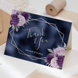 ライラック フローラル シルバー ネイビーブルー フォイル ウェディング サンキューカード
