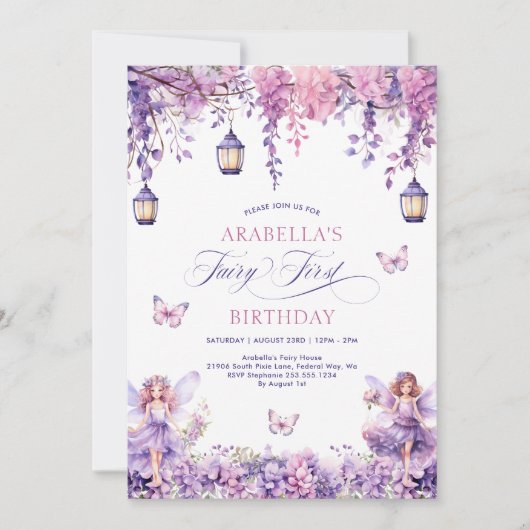 ライラック フローラル フェアリー ファースト 1歳の誕生日パーティー 招待状 (正面)