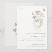 ライラック ボーホー ワイルドフラワー フェルン 葉 赤ちゃんシャワー 招待状 (正面/裏面)