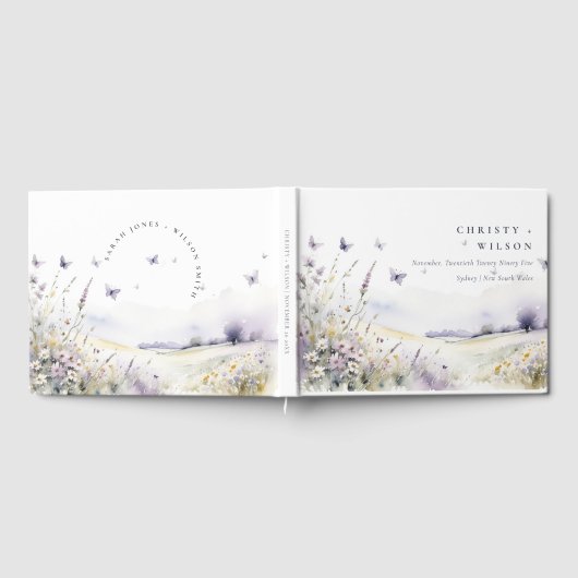 ライラック ワイルドフラワー バタフライ フィールド 風景 ウェディング ゲストブック (全面)