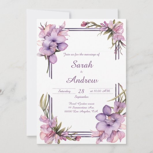 ライラフラワーアート：パーソナライズされた結婚式招待状 招待状 (正面)