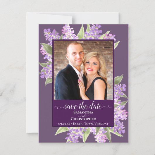 ライラ素朴ック&フォトパープルウェディング日付を保存 マグネット招待状 (正面)