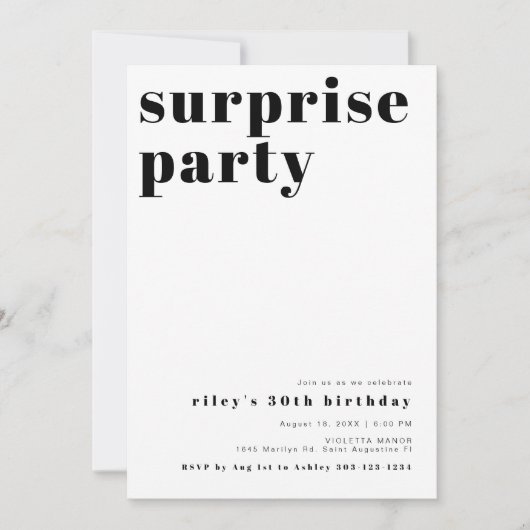 ライリーはっきりしたコンテンポラリーサプライズ誕生日パーティー 招待状 (正面)