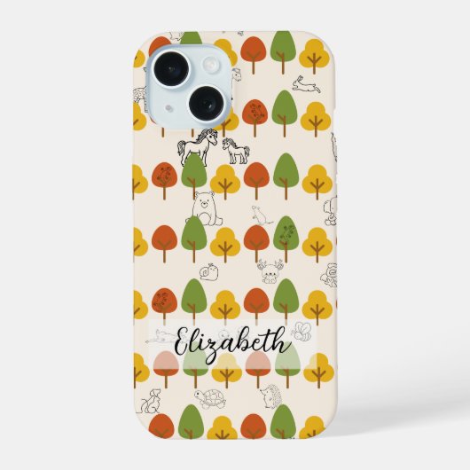 ラインアートの動物たちと秋の樹々 iPhone 15ケース (裏面)