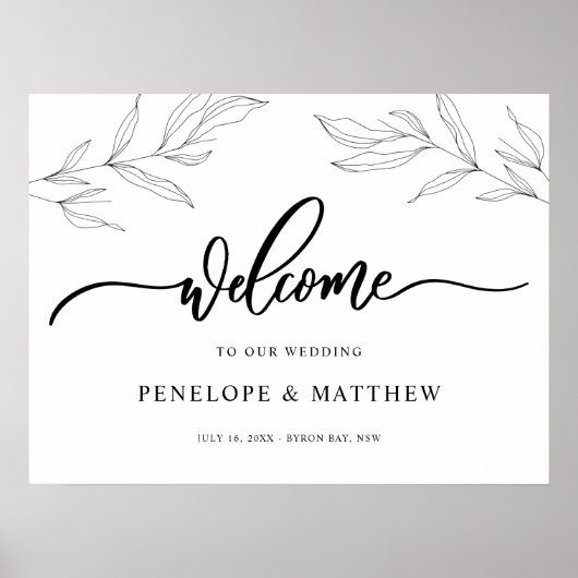ラインアートの葉のウェルカムサイン ポスター (正面)