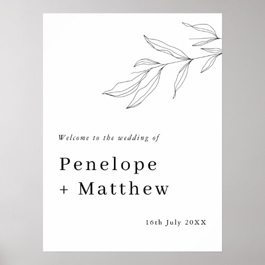 ラインアートの葉のウェルカムサイン ポスター (正面)