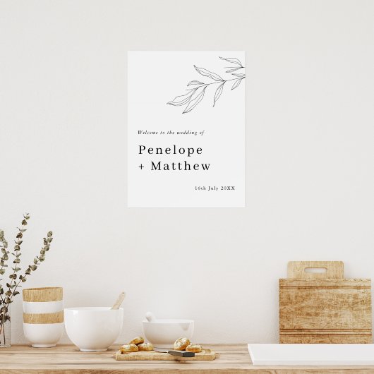 ラインアートの葉の葉のウェルカムサイン ポスター (キッチン)