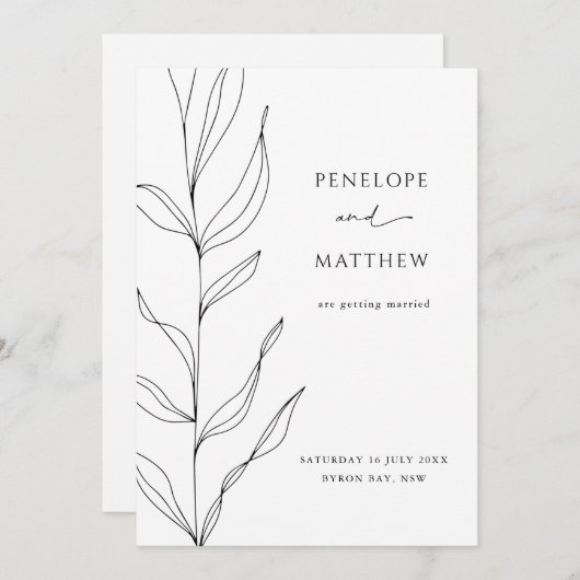 ラインアートの葉リーフ日付を保存招待状 招待状 (正面/裏面)