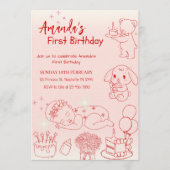 ラインアートの誕生日イラストの女の子の1歳の誕生日パーティー 招待状 (正面)