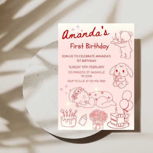 ラインアートの誕生日イラストの女の子の1歳の誕生日パーティー 招待状