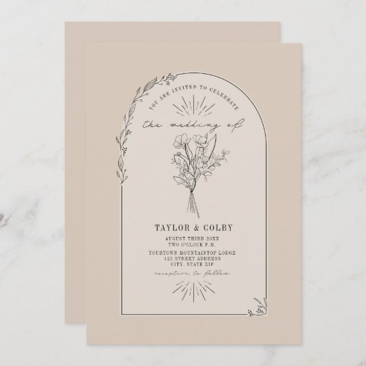 ラインアートアーチブーケデザートタン結婚ズ 招待状 (正面/裏面)