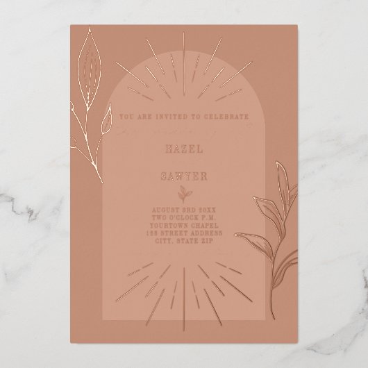 ラインアートアーチボタニカルテラコッタ 箔招待状 (正面)