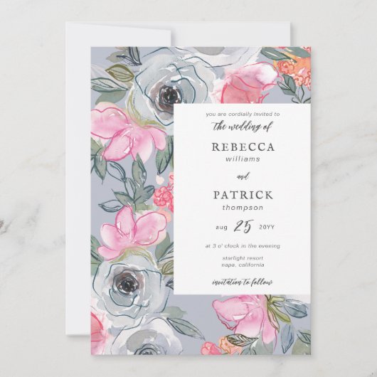 ラインアートウォーターカラーフローラエレガントな結婚式 招待状 (正面)