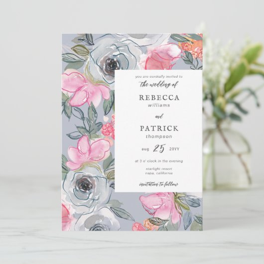 ラインアートウォーターカラーフローラエレガントな結婚式 招待状 (スタンド正面)