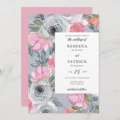 ラインアートウォーターカラーフローラエレガントな結婚式 招待状 (正面/裏面)