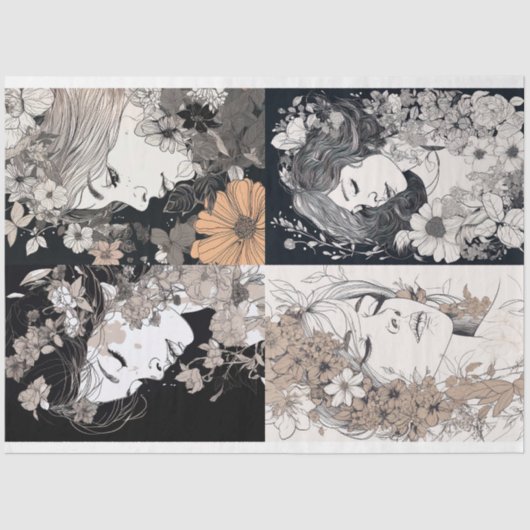 ラインアートウーマンコラージュ2デコページ紙 薄葉紙 (正面)