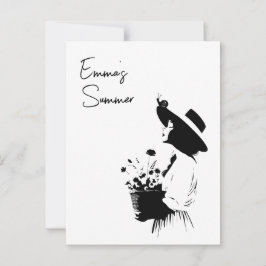 ラインアートガール花カスタム文字 ポストカード