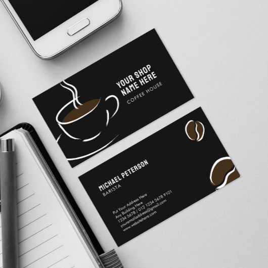 ラインアートコーヒーカップと豆オンブラック 名刺