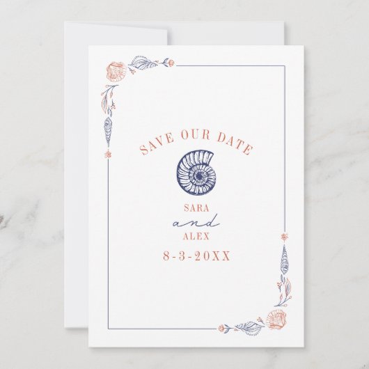 ラインアートシーシェルレッド&ブルー素朴ビーチ結婚式 セーブザデート (正面)