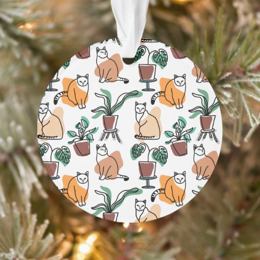 ラインアートスケッチ猫と花 オーナメント (ツリー)