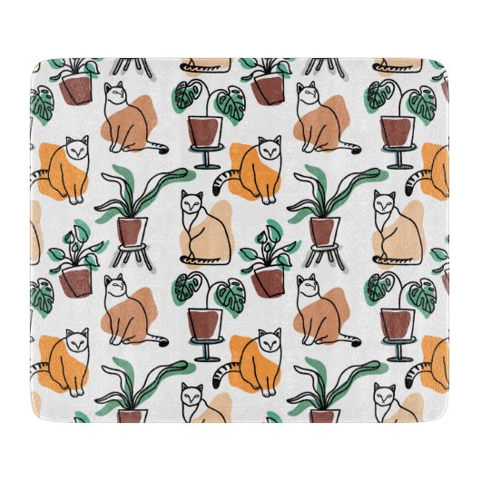 ラインアートスケッチ猫と花 カッティングボード (正面)