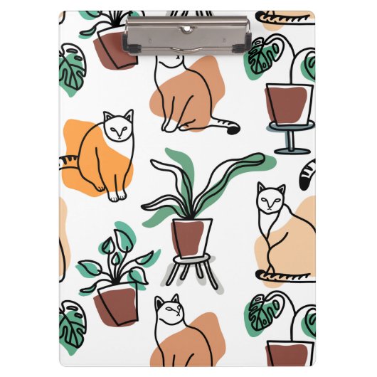 ラインアートスケッチ猫と花 クリップボード (正面)