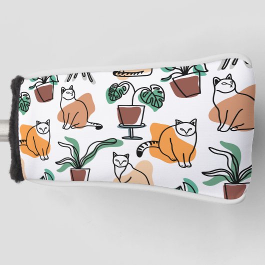 ラインアートスケッチ猫と花 ゴルフヘッドカバー (正面)