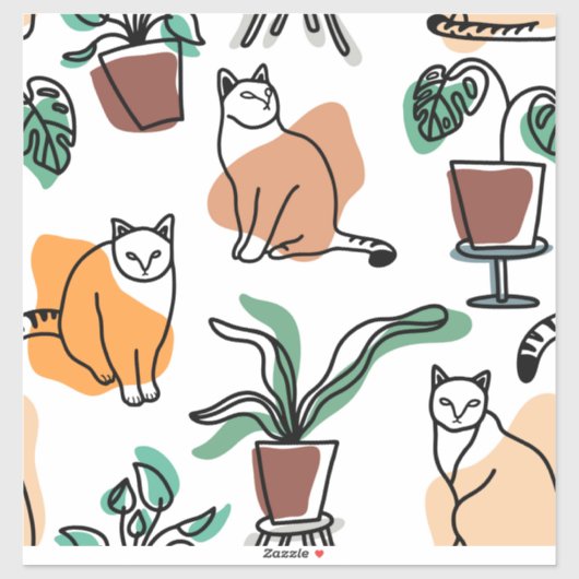 ラインアートスケッチ猫と花 シール (シート)