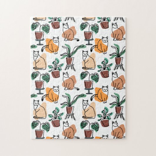 ラインアートスケッチ猫と花 ジグソーパズル (縦)