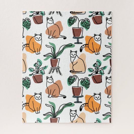 ラインアートスケッチ猫と花 ジグソーパズル (縦)