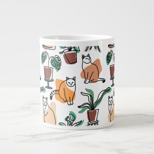ラインアートスケッチ猫と花 ジャンボコーヒーマグカップ (正面)