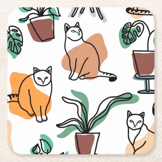 ラインアートスケッチ猫と花 スクエアペーパーコースター (正面)