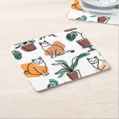 ラインアートスケッチ猫と花 スクエアペーパーコースター (アングル)