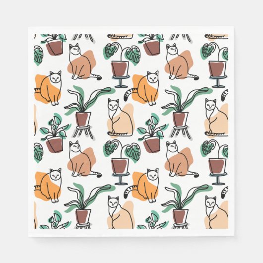 ラインアートスケッチ猫と花 スタンダードランチョンナプキン (正面)