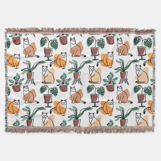 ラインアートスケッチ猫と花 スローブランケット (正面)