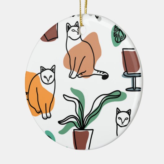 ラインアートスケッチ猫と花 セラミックオーナメント (左)