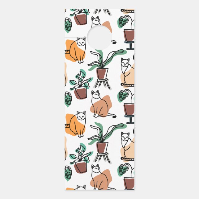 ラインアートスケッチ猫と花 ドアノブサイン (正面)