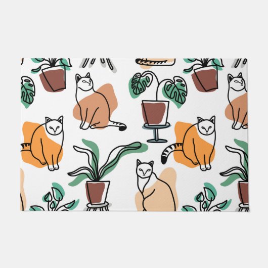 ラインアートスケッチ猫と花 ドアマット (正面)