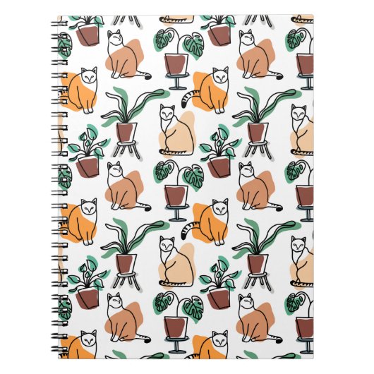 ラインアートスケッチ猫と花 ノートブック (正面)