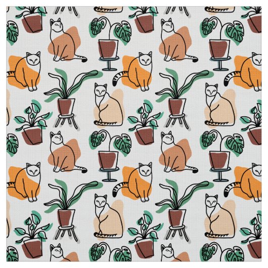 ラインアートスケッチ猫と花 ファブリック (見本)