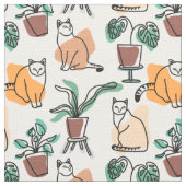 ラインアートスケッチ猫と花 ファブリック (クローズアップ)