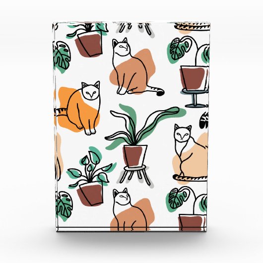 ラインアートスケッチ猫と花 フォトブロック (正面)