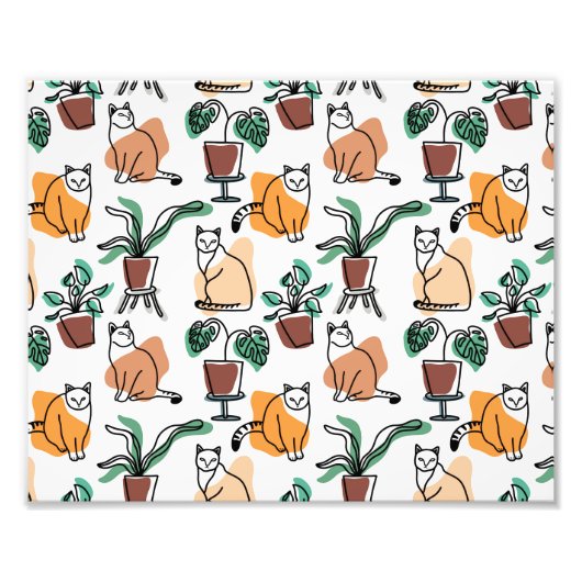 ラインアートスケッチ猫と花 フォトプリント            (正面)