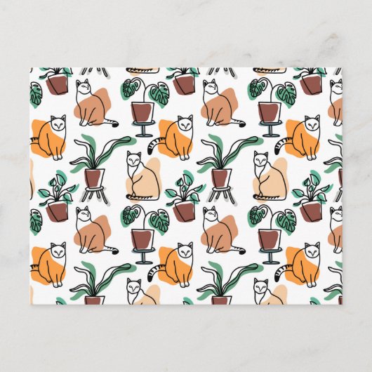 ラインアートスケッチ猫と花 ポストカード (正面)