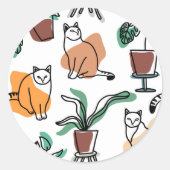 ラインアートスケッチ猫と花 ラウンドシール (正面)