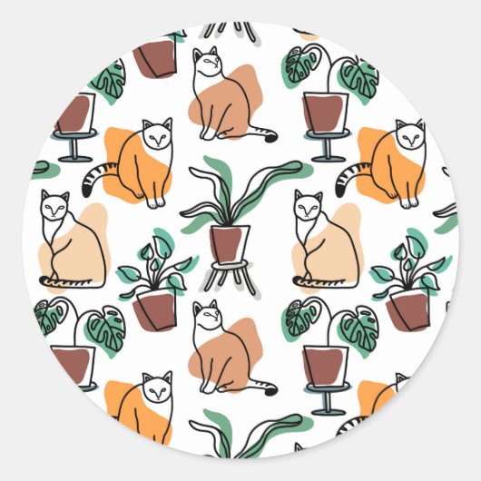 ラインアートスケッチ猫と花 ラウンドシール (正面)